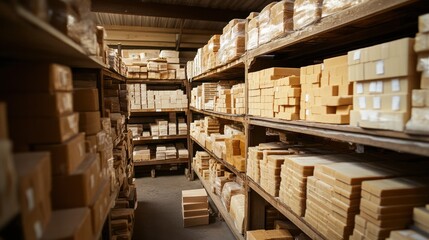 Fototapeta premium Shelves stacked high with neatly arranged products, organized for efficient retrieval and shipping