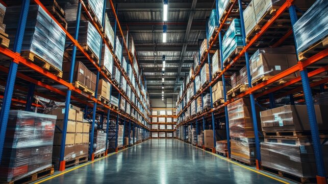 Spacious warehouse with high-tech systems managing inventory and supporting logistics in real-time