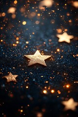 Golden stars twinkle against a dark backdrop, surrounded by a cascade of shimmering particles. The scene evokes a sense of wonder and enchantment.