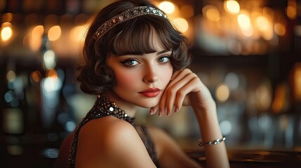 Glamorous woman in 1920s flapper fashion elegantly poses in a retro bar, embodying a vintage charm. The photo highlights the essence of flapper style with ample copy space.