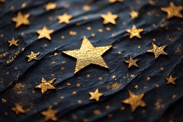 A collection of gold stars in various sizes adorns a dark, textured background, creating an enchanting pattern that evokes wonder and creativity.