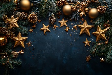 Gold stars and shiny ornaments are beautifully arranged with pine cones and greenery, creating a festive and elegant display perfect for holiday celebrations.