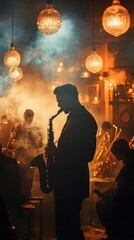 A jazz band performing in a smoky jazz club, captured in a medium shot.