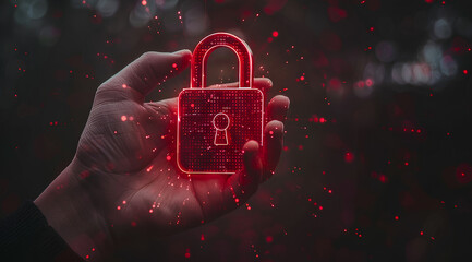 hand holding a red padlock glowing with binary code against a black background, representing the...