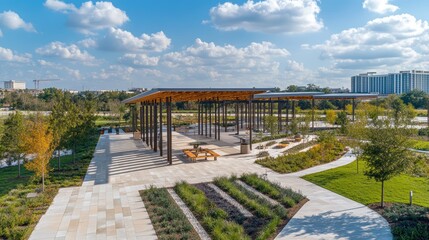 Fototapeta premium A modern, wooden pergola with a paved walkway and grassy areas.