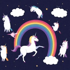 Obraz premium vector cartoon unicorn with rainbow and unicorn, unicorn and unicorn on white background