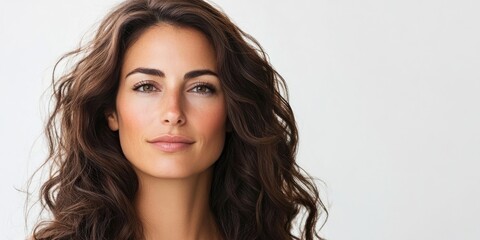 Naklejka premium A stunning woman in her thirties, featuring long, curly brunette hair, is portrayed against a clean white backdrop, highlighting her beauty and elegance distinctly.