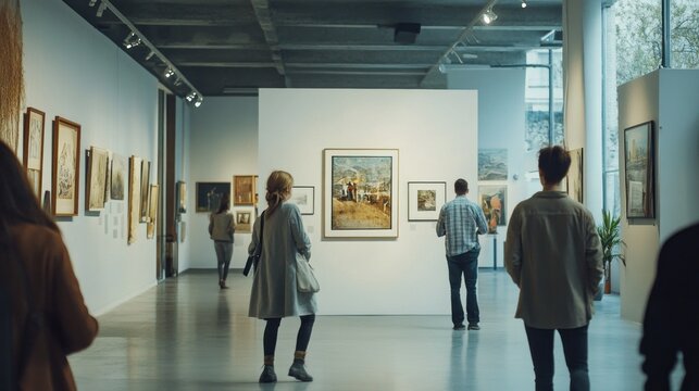 A group of people are walking through an art museum