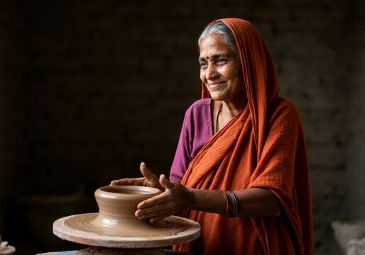 Elderly Indian woman in traditional attire crafting pottery with a smile