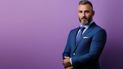 Confident Man in a Suit Against a Purple Background