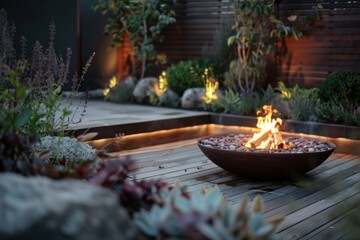 Obraz premium Cozy backyard fire pit with modern garden landscaping and ambient lighting