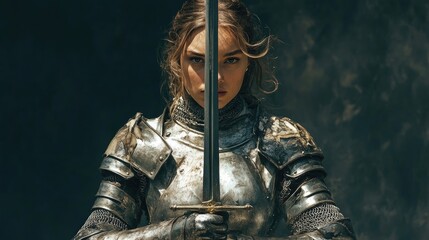 A female knight in metal armor stands confidently, gripping her sword with determination. This image of a female knight captures strength and bravery, with ample copy space.