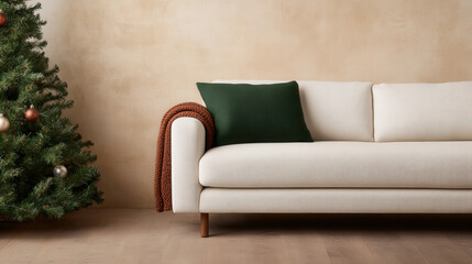 A stylish, contemporary leather sofa with cozy cushions, perfect for holiday relaxation in a modern living room