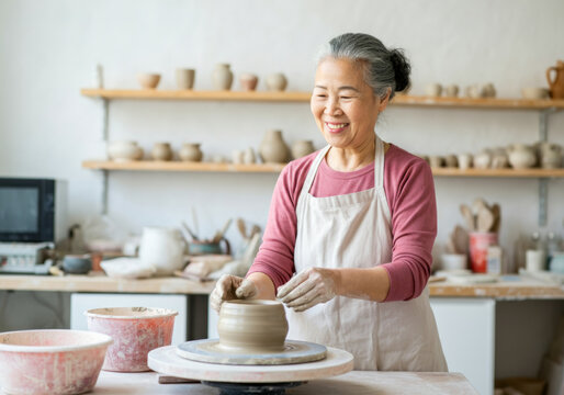 Elderly Asian artisan crafting pottery in a studio with shelves of clay creations