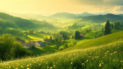 Fototapeta premium A picturesque village nestled in a rolling green valley, bathed in the golden light of sunrise, with a wind turbine silhouetted against the distant hills.
