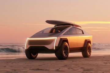 Obraz premium Futuristic electric car on a sandy beach at sunset with a surfboard on top