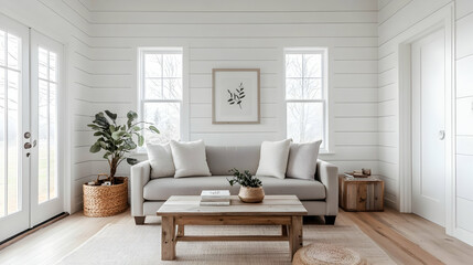 Fototapeta premium Cozy Minimalist Farmhouse Living Room with White Shiplap Walls, Gray Sofa, Natural Wood Coffee Table, and Soft Lighting for a Welcoming, Rustic Atmosphere
