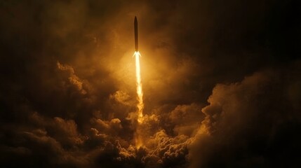 Obraz premium A powerful rocket launches into the sky through a cloud of smoke and fire, representing the potential for progress and exploration.