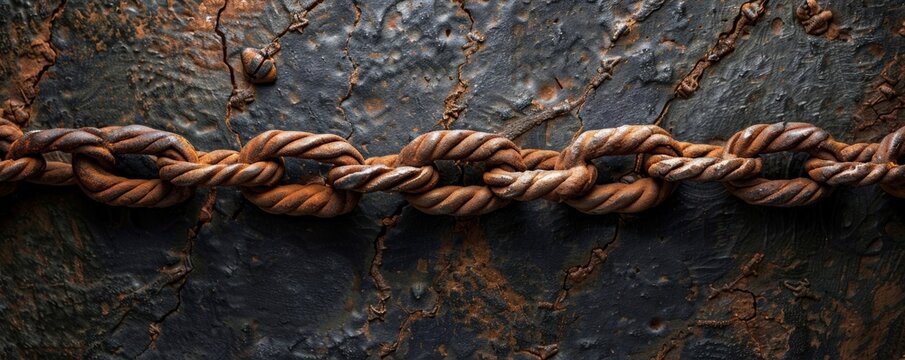 Rusted metal chain on weathered surface: texture and strength in industrial design.