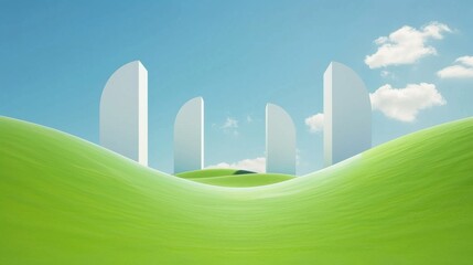 Futuristic architectural structures amid serene green landscapes and blue sky.