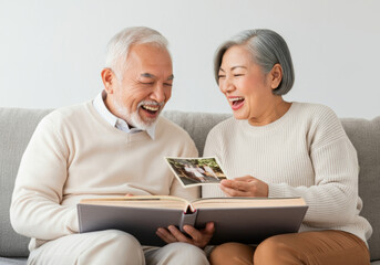 Joyful Asian senior couple reminiscing with photo album on cozy sofa.