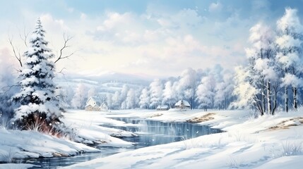 Obraz premium A serene winter landscape featuring snow-covered trees, a frozen river, and a soft, cloudy sky, evoking a peaceful, tranquil atmosphere.
