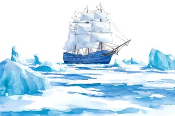 Watercolor Painting of a Sailboat Navigating Through Icebergs.