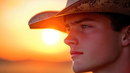 A young man wearing a cowboy hat gazes into the sunset, capturing a moment of reflection and serenity. The photos composition includes ample space for text or other elements.