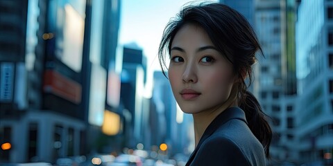 A self assured Asian professional woman exudes confidence against an urban backdrop. Her professional demeanor shines in this bustling city environment, showcasing her strong presence.