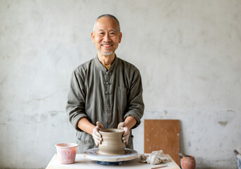 Experienced Asian artisan smiling while crafting pottery on a wheel in a rustic studio