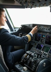 Naklejka premium Pilot navigating aircraft cockpit controls in flight.