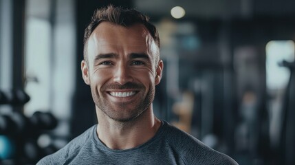 Smiling mid-adult man looking directly at the camera in a gym environment, radiating positivity and energy, perfect for fitness-related content with ample copy space.