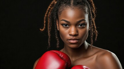 Portrait of a determined young female boxer prepared to enter the ring and demonstrate her skills. The female boxer exudes confidence with ample copy space for design elements.