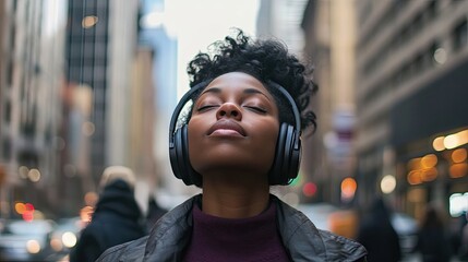 A woman wearing black headphones enjoys listening to music in an urban environment, surrounded by a vibrant city atmosphere. Ideal for conveying the theme of music and relaxation.