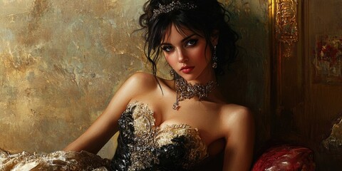 Sophisticated lady in an opulent gown captured in a portrait, showcasing elegance and luxury through her attire and demeanor while embodying grace.