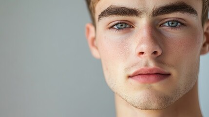 Naklejka premium Cute young man with natural makeup captured in a portrait with a focus on his fresh, natural makeup look; includes ample copy space for text or graphics.
