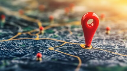 A red pin on a map with a blurred background of a city map.