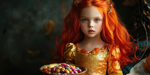 A young girl with vibrant red hair is wearing a shimmering golden dress while holding a bowl filled with candy. The girl stands out with her bright hair and festive attire.