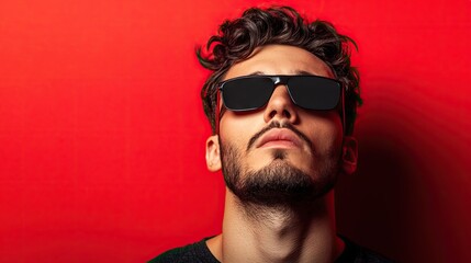 Obraz premium Portrait of a handsome man with his eyes covered, captured against a vibrant red background, creating a striking visual with bold colors and ample copy space.