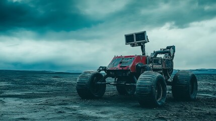 Fototapeta premium A red rover with large wheels stands on a barren, rocky terrain under a dark, stormy sky.
