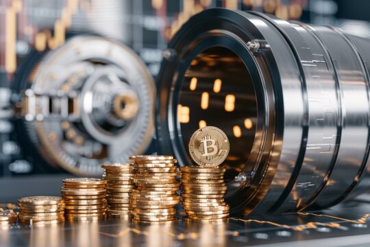 Bitcoin vault and stacks of coins against a background of financial charts.