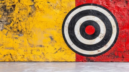 A red, black, and white bullseye target on a textured yellow and red wall with a concrete floor in front.
