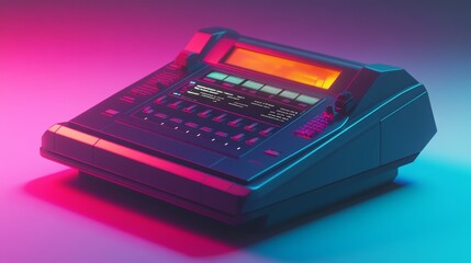 A retro-style, futuristic-looking electronic device with a large display screen and numerous buttons and knobs, in a neon pink and blue light.