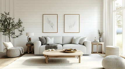 Cozy Minimalist Farmhouse Living Room with White Shiplap Walls, Gray Sofa, Natural Wood Coffee Table, and Soft Lighting for a Welcoming, Rustic Atmosphere