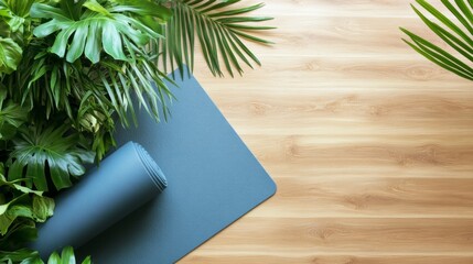 A rolled-up yoga mat lies on a wooden floor with green plants in the background, leaving space for text or graphics.