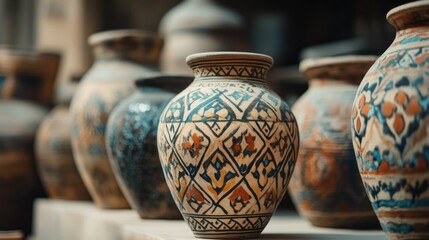 Ancient pottery with traditional Emirati patterns in Dubai. Copy space