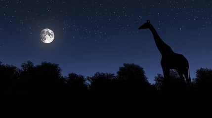 Silhouette of a giraffe under moonlight