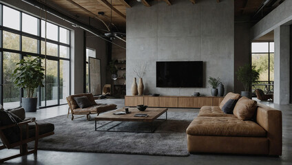 A large, open-plan living room with a modern, industrial style. There's a sectional sofa, armchairs, a coffee table, and large windows.

