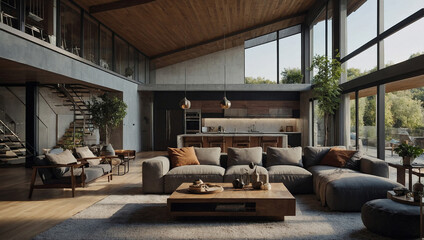 A large, open-plan living room with a modern, industrial style. There's a sectional sofa, armchairs, a coffee table, and large windows.

