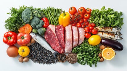 Healthy balanced diet concept with nutritious vegetables, fruits, fish, and meat arranged in a heart shape on a white background. Photorealistic representation of wholesome and balanced nutrition.